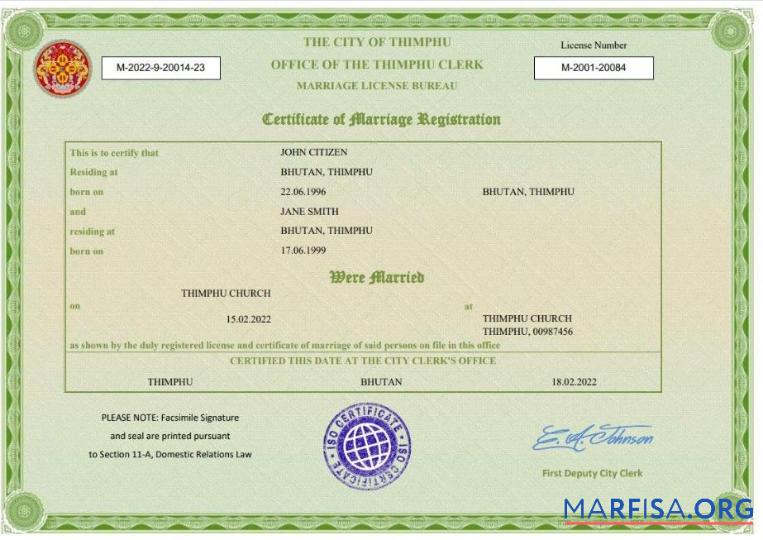 Blank Bhutan marriage certificate Word and PDF template